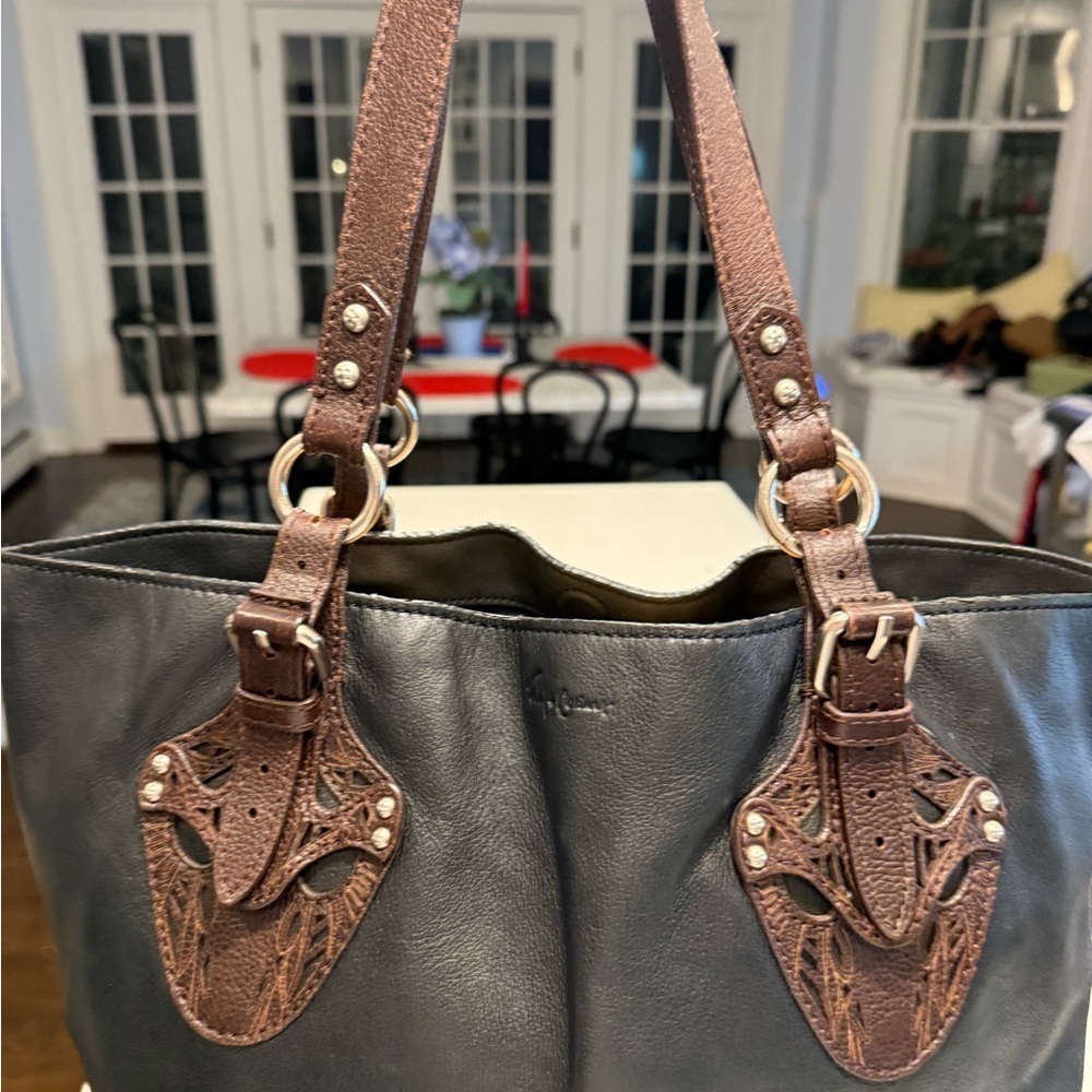 Foley + Corinna Black Leather Large Tote Bag Silver Hardware Brown Accents EUC - Picture 10 of 14